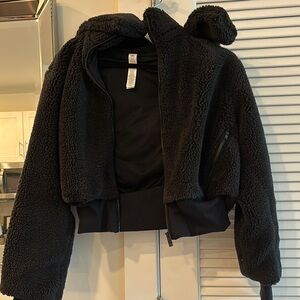 Black Plush Cropped Hooded Jacket